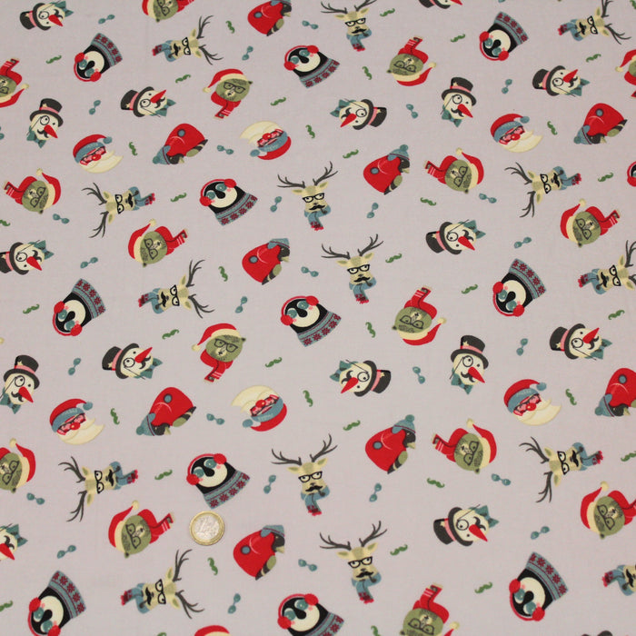 Tissu popeline de coton de Noël aux personnages de Noël, fond gris - Oeko-Tex