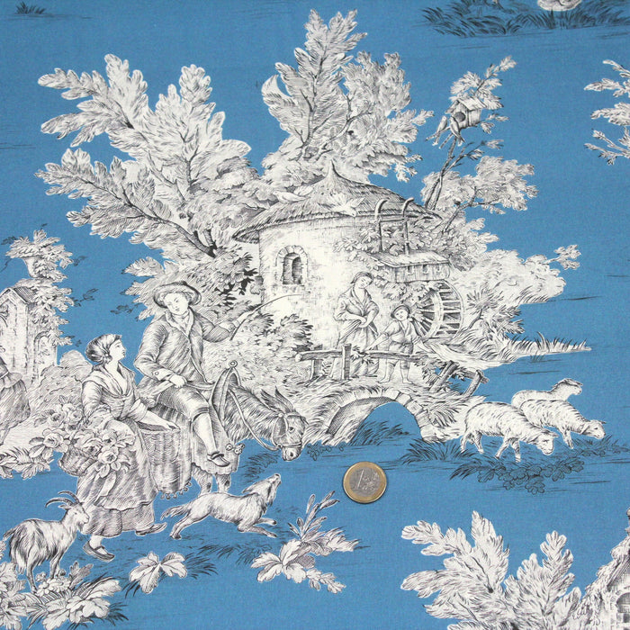 Tissu de coton demi-natté toile de Jouy traditionnelle, grande largeur 280cm, fond bleu & motif gris moyen - Oeko-Tex