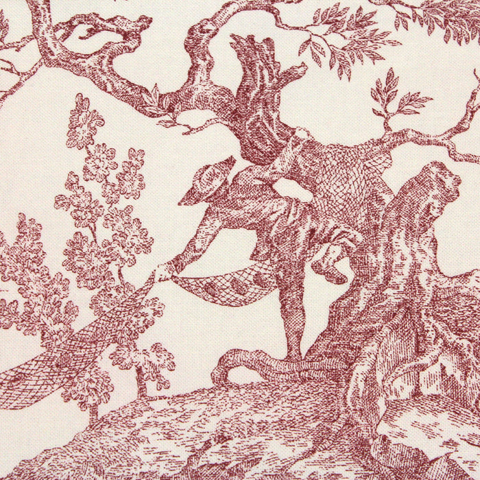 Tissu de coton demi-natté toile de Jouy traditionnelle, grande largeur 280cm, fond écru & motif rouge - Scène de pêche