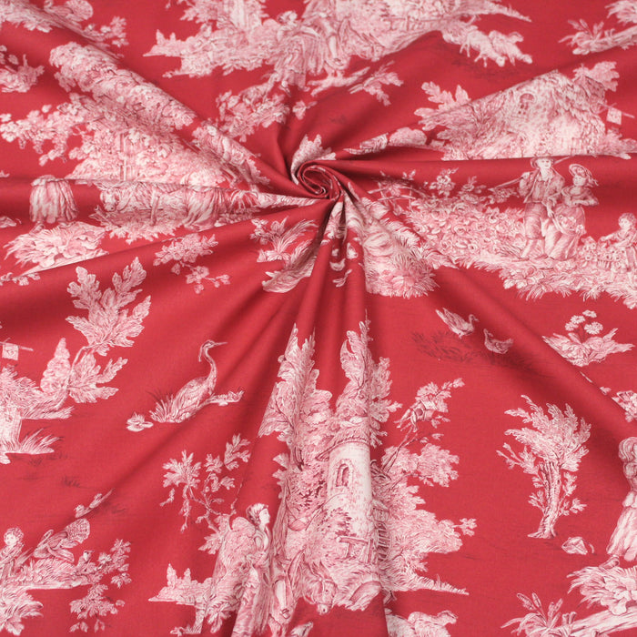 Tissu de coton demi-natté toile de Jouy traditionnelle, grande largeur 280cm, fond rouge & motif rouge - Oeko-Tex