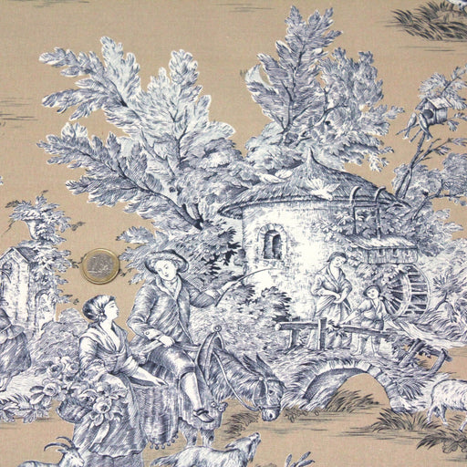 Tissu de coton demi-natté toile de Jouy traditionnelle, grande largeur 280cm, fond grège & motif bleu et blanc - Oeko-Tex - tissuspapi