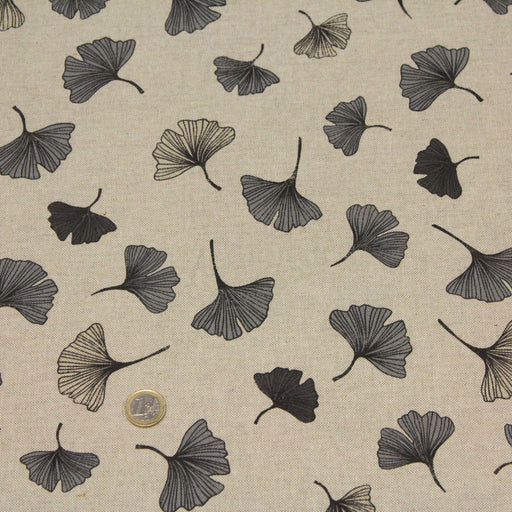 Tissu de coton façon lin motif traditionnel japonais aux feuilles de ginkgo grises sur fond lin - Oeko-Tex - tissuspapi