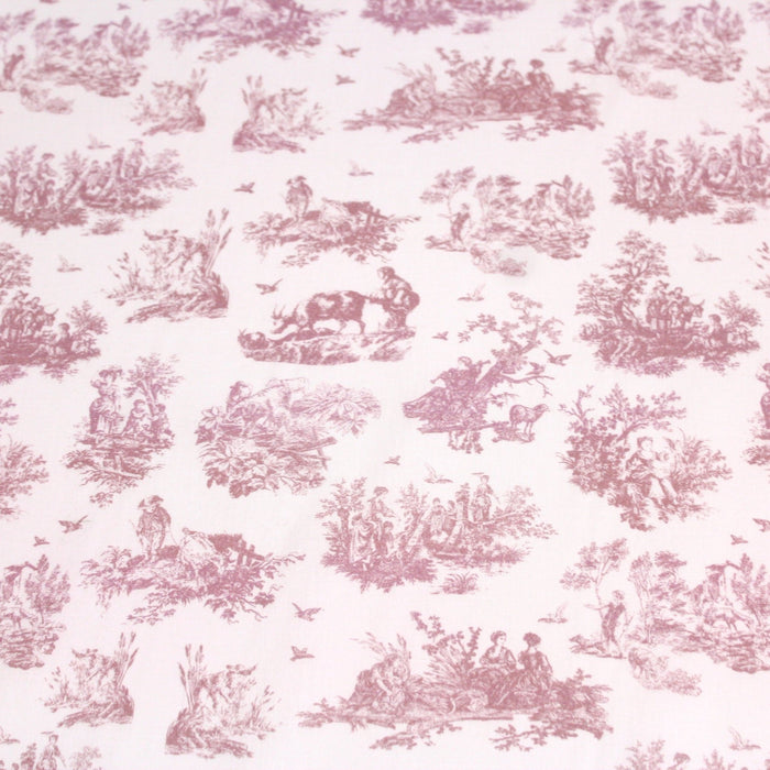 Tissu popeline de coton OBER - Toile de Jouy traditionnelle, fond blanc & motif vieux rose - TissusPapi.com