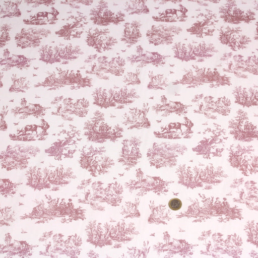 Tissu popeline de coton OBER - Toile de Jouy traditionnelle, fond blanc & motif vieux rose - TissusPapi.com