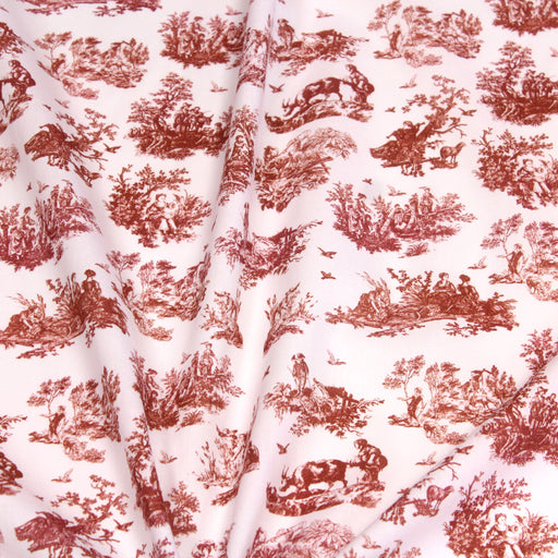 Tissu popeline de coton OBER - Toile de Jouy traditionnelle, fond blanc & motif orange rouille