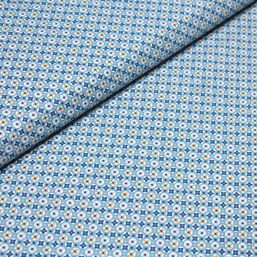 Tissu de coton AZULEJOS au motif géométrique blanc, gris & jaune, fond bleu - OEKO-TEX® - tissuspapi