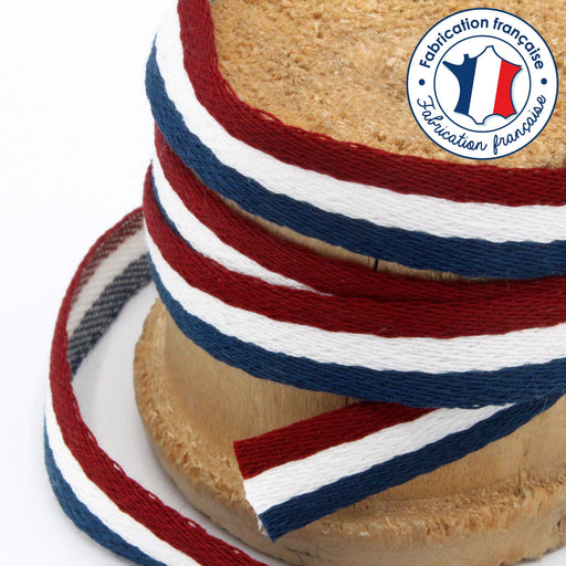 Ruban sergé de coton tricolore bleu marine blanc rouge bordeaux 10mm - Fabrication française - TissusPapi.com