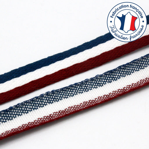 Ruban sergé de coton tricolore bleu marine blanc rouge bordeaux 10mm - Fabrication française - TissusPapi.com
