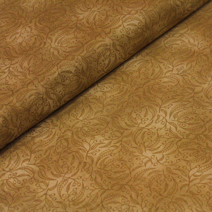 Tissu cotonnade faux - uni cappuccino, branches & feuilles - TissusPapi.com