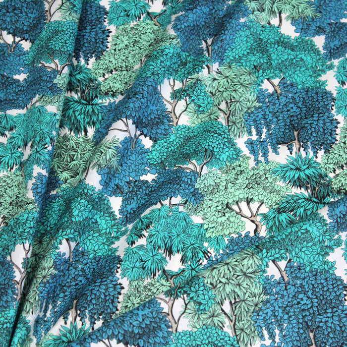 Tissu de coton FORÊT aux feuillages & feuilles, tons bleus & vert émeraude - Oeko-Tex