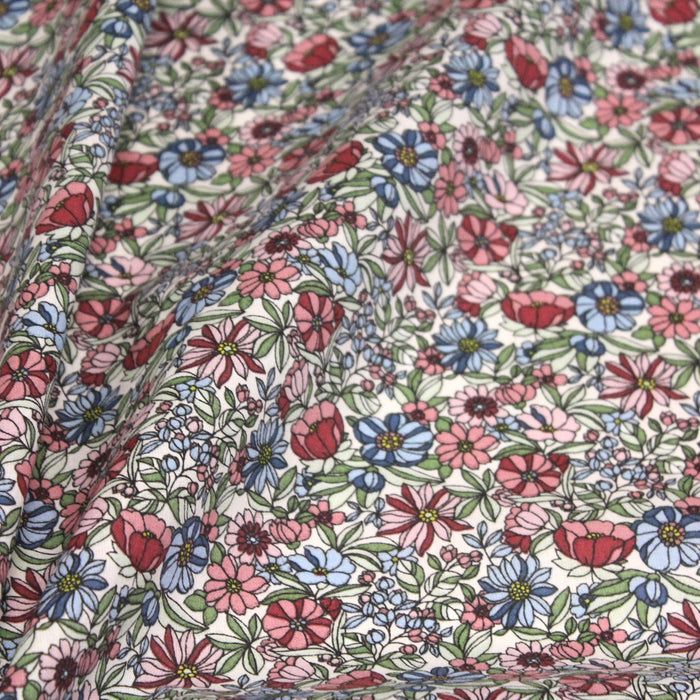 Tissu de coton LOUISE aux fleurs roses & bleues, fond blanc cassé - Oeko-Tex