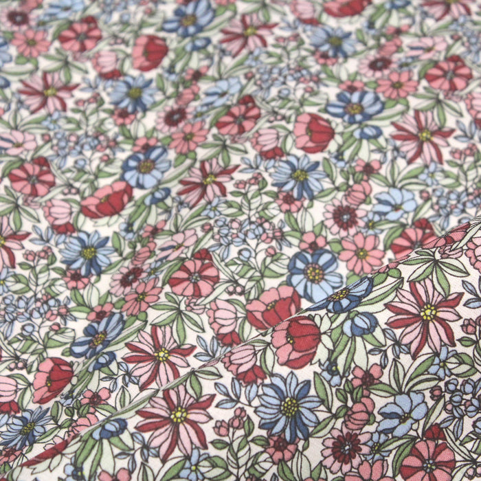 Tissu de coton LOUISE aux fleurs roses & bleues, fond blanc cassé - Oeko-Tex