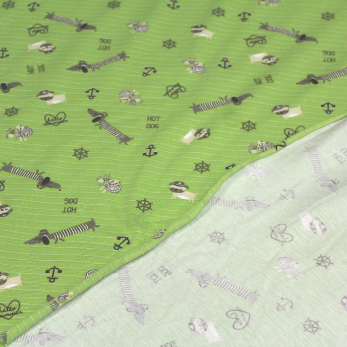 Tissu jersey de coton enfant HELLO SUMMER & HOT DOG, fond vert - TissusPapi.com