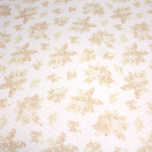Tissu popeline coton WIMBLEDON, fond nid d'abeille & fleurs jaune pâle, motif britannique - TissusPapi.com