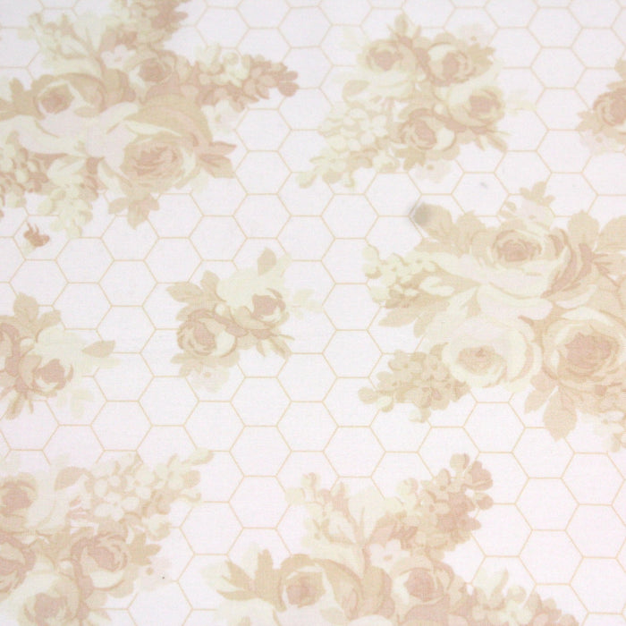 Tissu popeline coton WIMBLEDON, fond nid d'abeille & fleurs jaune pâle, motif britannique - TissusPapi.com