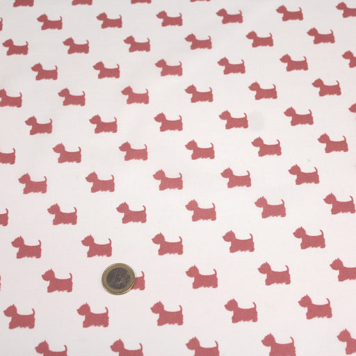 Tissu popeline de coton aux petits chiens vieux rose, fond blanc - TissusPapi.com