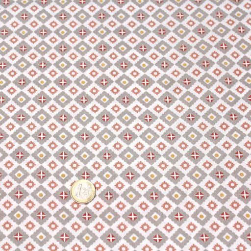 Tissu de coton AZULEJOS aux carreaux et motifs géométriques, tons gris & corail - OEKO-TEX®