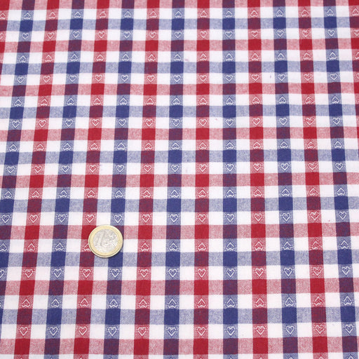 Tissu de coton VICHY bleu blanc rouge à petits coeurs & carreaux 1cm - Oeko-Tex