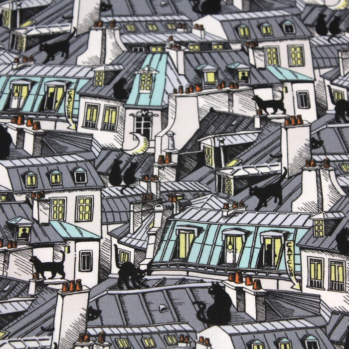 Tissu de coton Les toits de Paris & chats noirs, tons gris, blancs & verts - Oeko - Tex - TissusPapi.com