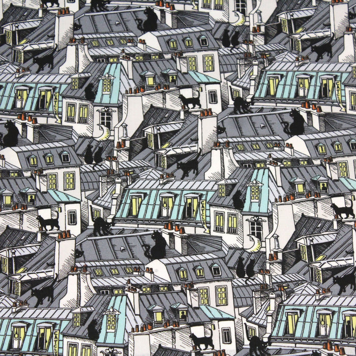 Tissu de coton Les toits de Paris & chats noirs, tons gris, blancs & verts - Oeko-Tex - tissuspapi