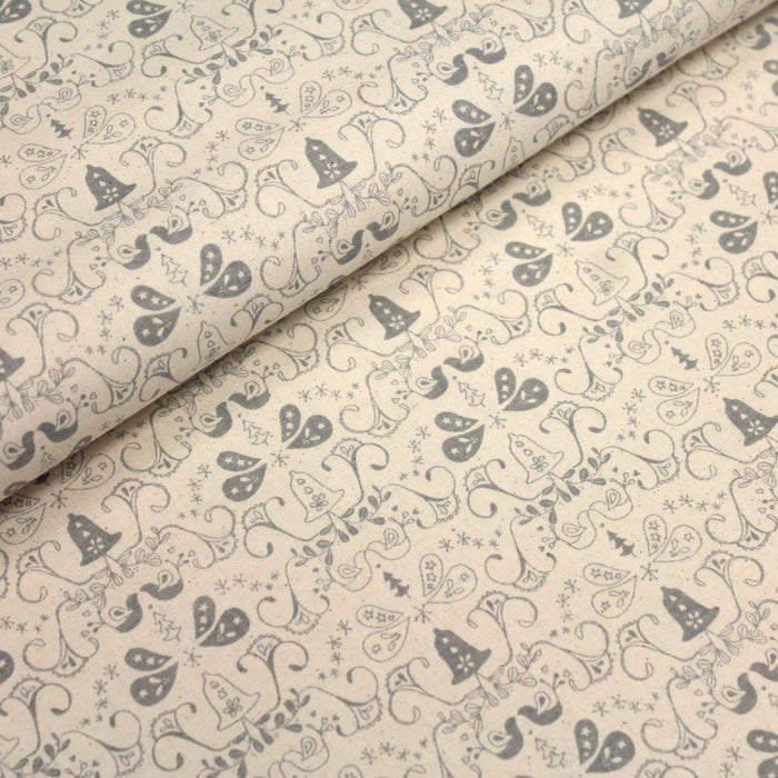 Tissu de coton de Noël scandinave aux cloches & arabesques grises, fond écru - TissusPapi.com