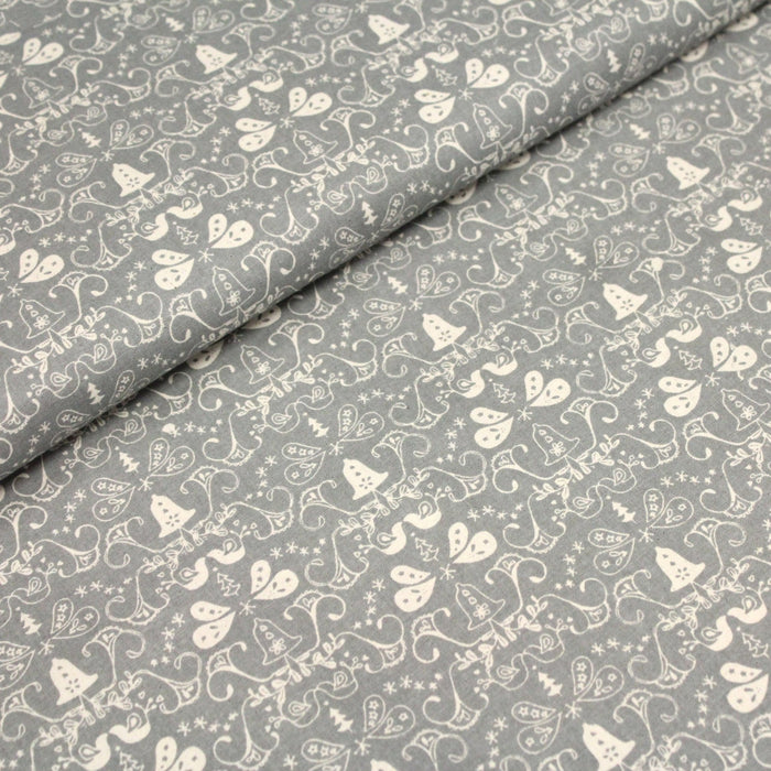 Tissu de coton de Noël scandinave aux cloches & arabesques écrues, fond gris - TissusPapi.com
