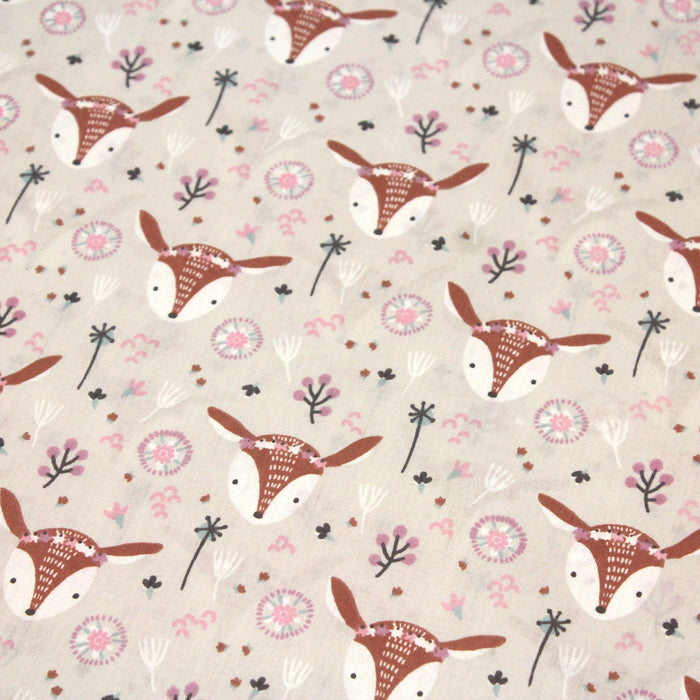 Tissu de coton KAWAII aux têtes de biches mignonnes & petites fleurs, fond gris - OEKO-TEX® - tissuspapi