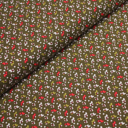 Tissu de coton aux fines fleurs & pois, fond vert kaki - OEKO-TEX® - tissuspapi