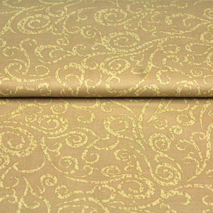 Tissu popeline de coton LOUIS aux arabesques, tons cappuccino - tissuspapi