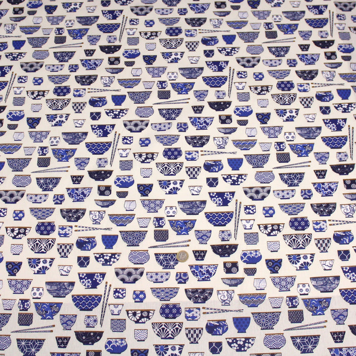 Tissu cotonnade aux bols de ramen & motifs traditionnels japonais - OEKO - TEX - TissusPapi.com