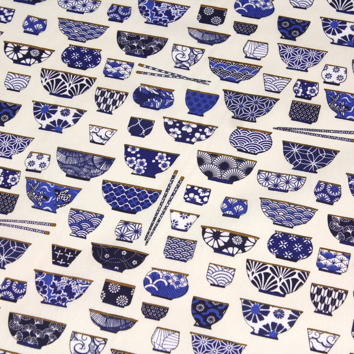 Tissu cotonnade aux bols de ramen & motifs traditionnels japonais - OEKO - TEX - TissusPapi.com