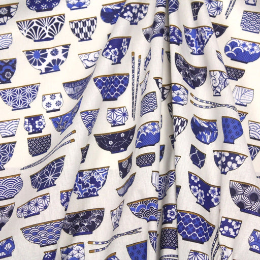 Tissu cotonnade aux bols de ramen & motifs traditionnels japonais - OEKO - TEX - TissusPapi.com