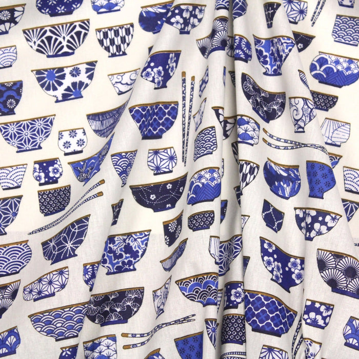 Tissu cotonnade aux bols de ramen & motifs traditionnels japonais - OEKO - TEX - TissusPapi.com