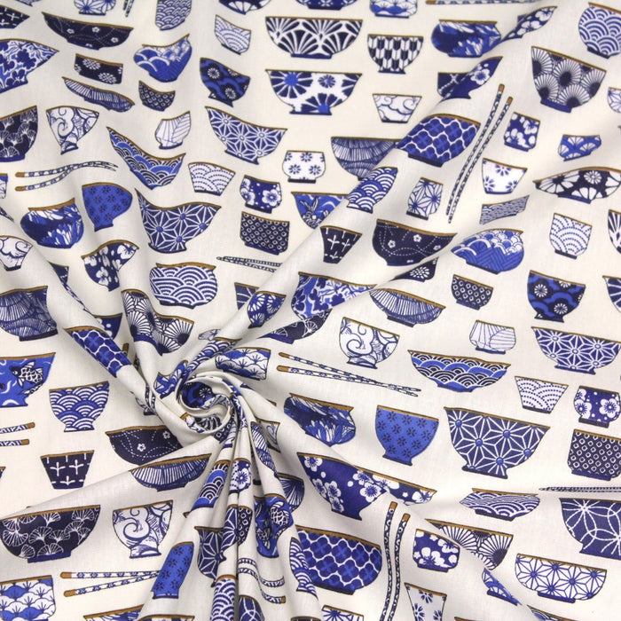 Tissu cotonnade aux bols de ramen & motifs traditionnels japonais - OEKO - TEX - TissusPapi.com