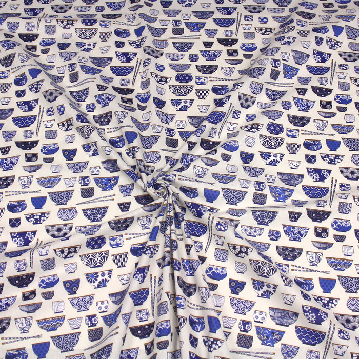 Tissu cotonnade aux bols de ramen & motifs traditionnels japonais - OEKO - TEX - TissusPapi.com
