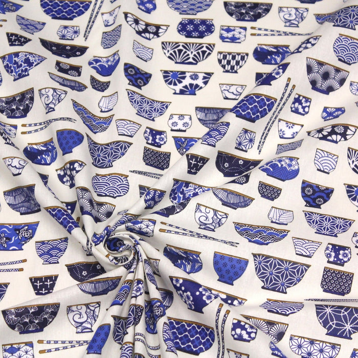 Tissu cotonnade aux bols de ramen & motifs traditionnels japonais - OEKO - TEX - TissusPapi.com