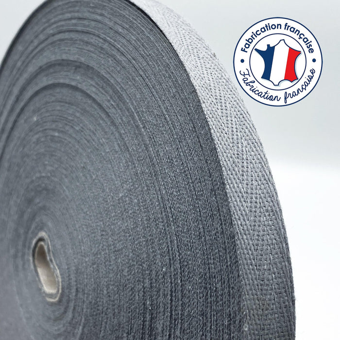 Ruban sergé de coton gris 12mm - Galette de 50 mètres - Fabrication française - TissusPapi.com