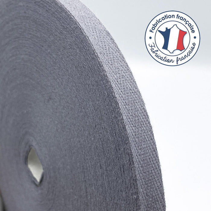 Ruban sergé de coton gris 10mm - Galette de 50 mètres - Fabrication française - TissusPapi.com