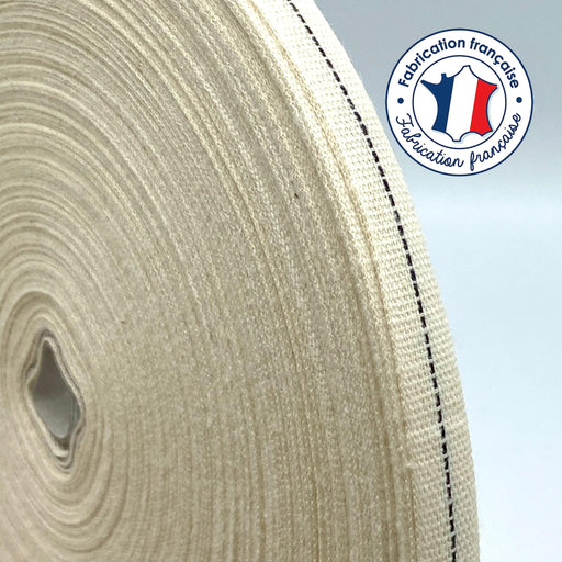 Ruban de coton écru au fin liseré bleu marine 10mm - Galette de 100 mètres - Fabrication française - TissusPapi.com