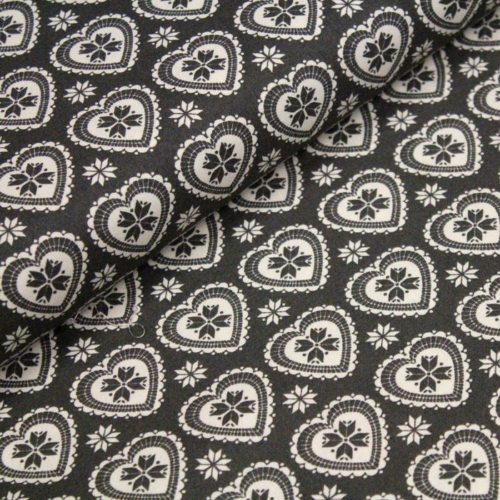 Tissu de coton de Noël scandinave aux cœurs & étoiles de neiges écrus, fond gris - TissusPapi.com