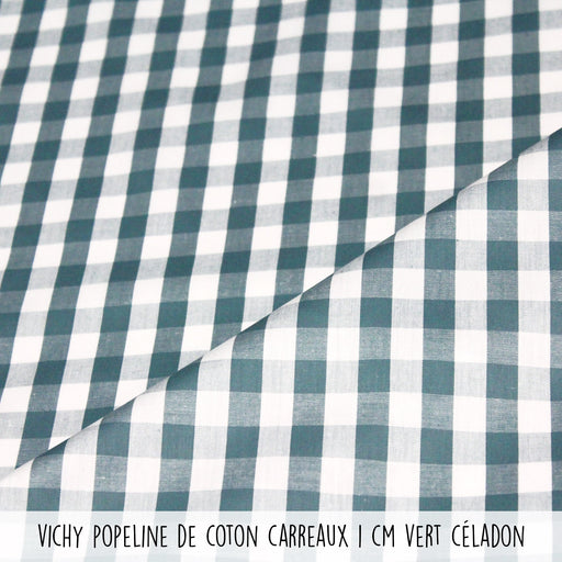 Tissu popeline de coton VICHY vert céladon & blanc à carreaux 1cm - OEKO - TEX® - TissusPapi.com
