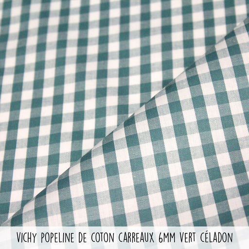 Tissu popeline de coton VICHY vert céladon & blanc à carreaux 6mm - OEKO - TEX® - TissusPapi.com
