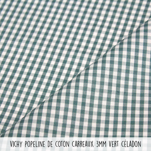 Tissu popeline de coton VICHY vert céladon & blanc à carreaux 3mm - OEKO - TEX® - TissusPapi.com