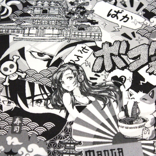 Tissu cotonnade motif japonais MANGA, aux personnages de manga & culture japonaise, noir & blanc - OEKO - TEX® - TissusPapi.com