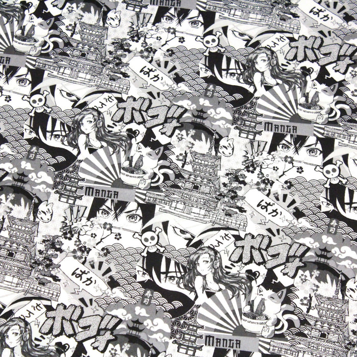 Tissu de coton motif japonais MANGA, aux personnages de manga & culture japonaise, noir & blanc - OEKO-TEX®