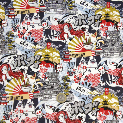 Tissu cotonnade motif japonais MANGA, aux personnages de manga & culture japonaise, multicolore - OEKO - TEX® - TissusPapi.com