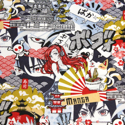 Tissu cotonnade motif japonais MANGA, aux personnages de manga & culture japonaise, multicolore - OEKO - TEX® - TissusPapi.com