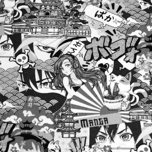 Tissu cotonnade motif japonais MANGA, aux personnages de manga & culture japonaise, noir & blanc - OEKO - TEX® - TissusPapi.com