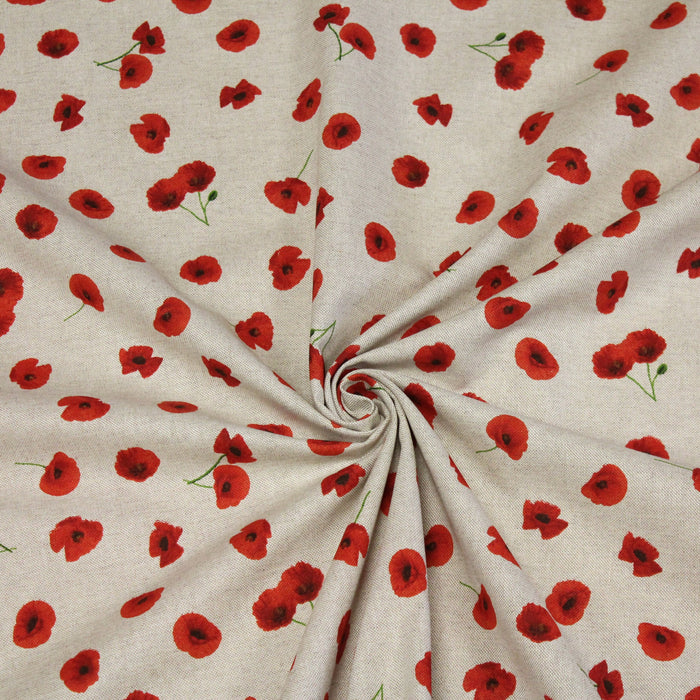 Tissu de coton façon lin aux petits coquelicots rouges - Oeko-Tex