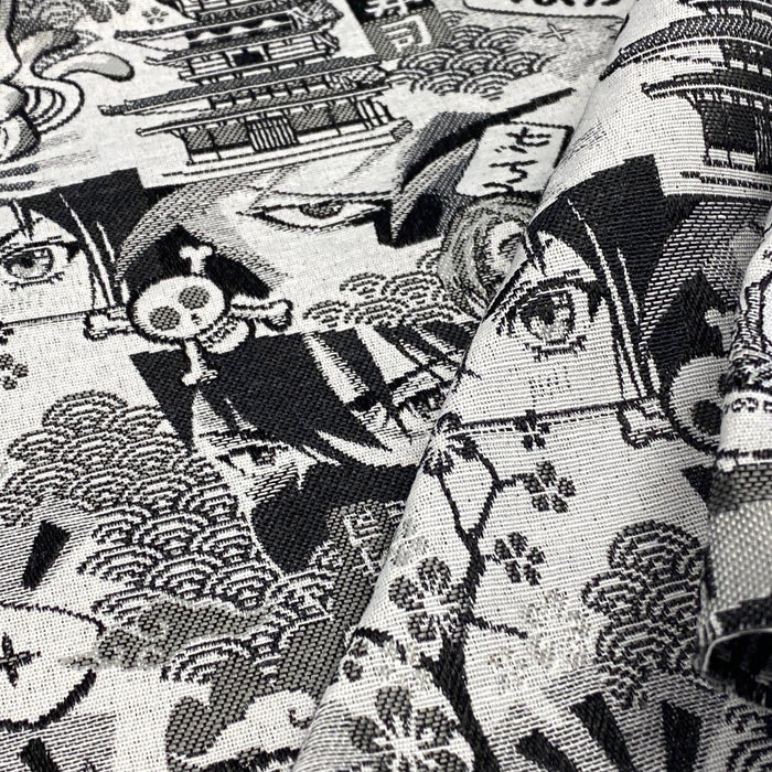 Tissu jacquard motif japonais MANGA, aux personnages de manga & culture japonaise, noir & blanc - OEKO-TEX® - Fabriqué en France